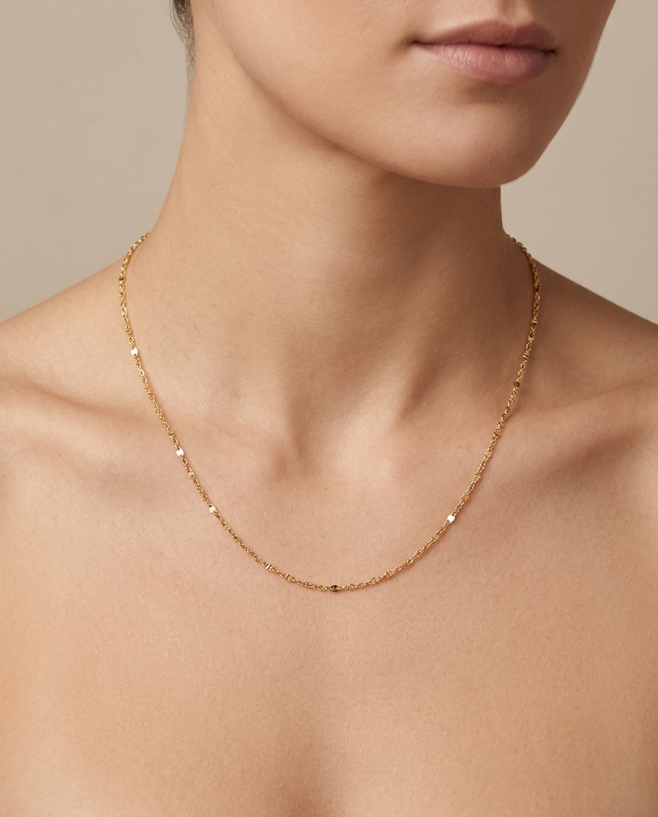 14KT Gold Flat Paperclip Necklace on model