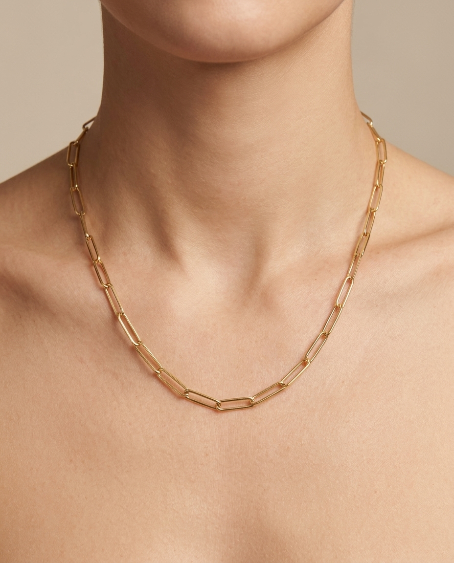 14KT Gold Flat Paperclip Chain Necklace on model