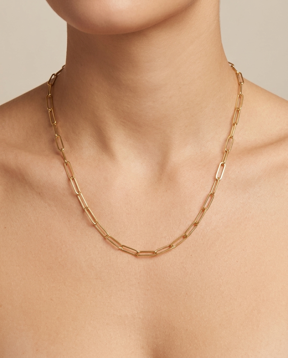 14KT Gold Flat Paperclip Chain Necklace on model