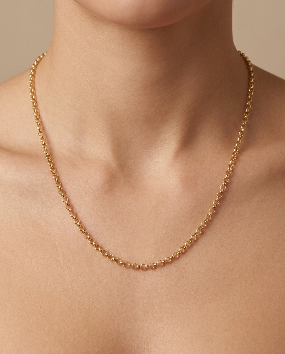 14KT Gold Round Cable Chain Necklace on model