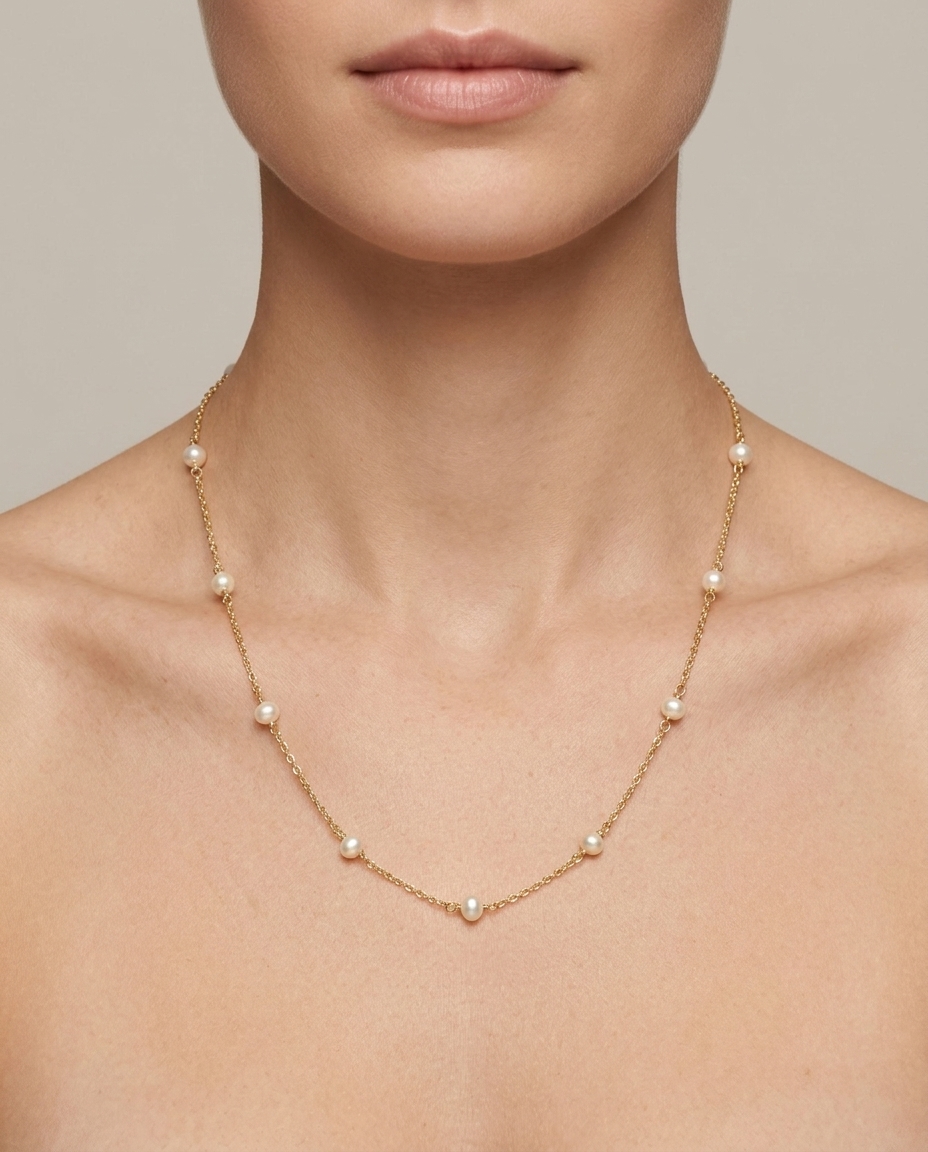 14KT Gold Fresh Water Pearl Station Chain Necklace on model