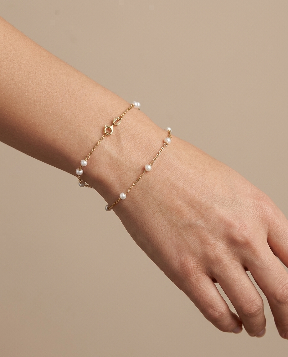 14KT Gold Fresh Water Pearl Station Chain Bracelet on model