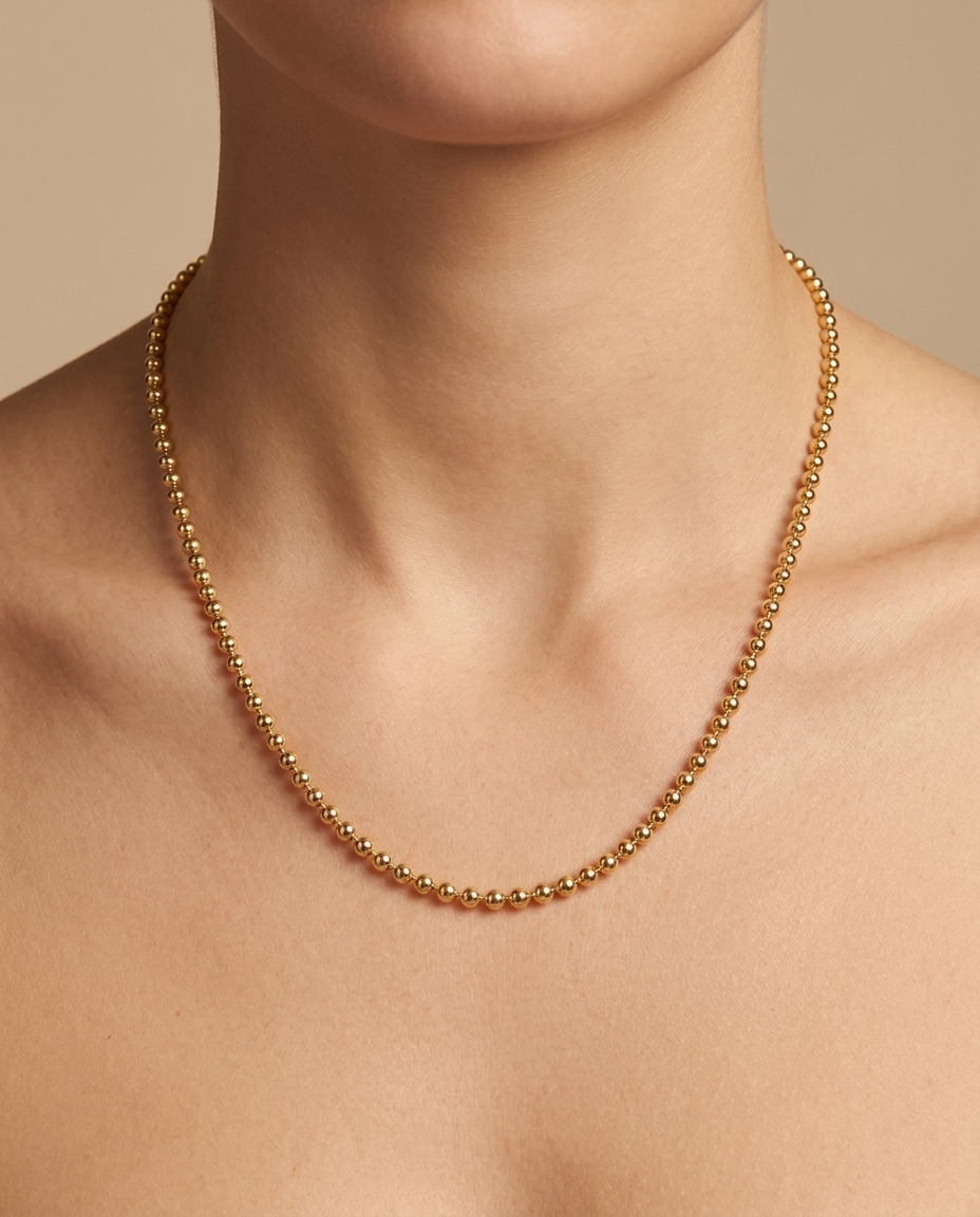 14KT Gold 1.5 MM Ball Necklace on model