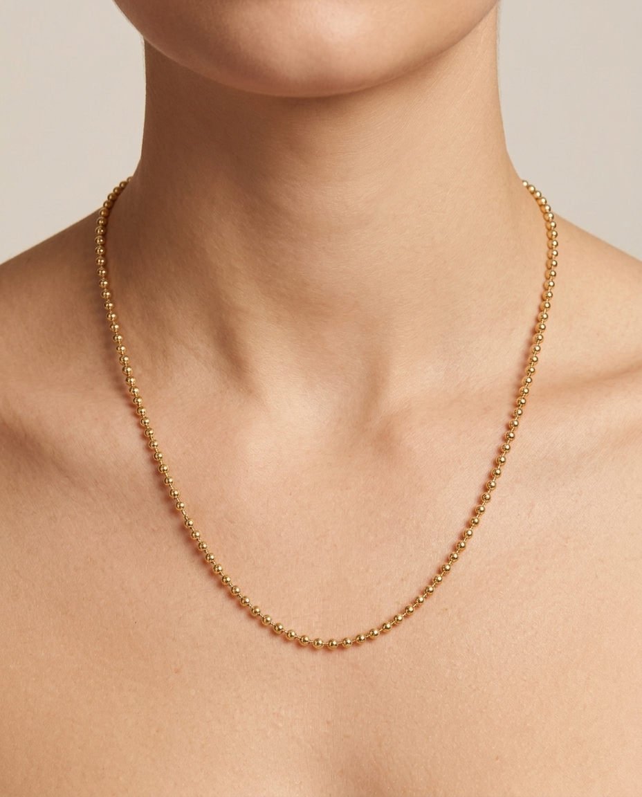 14KT Gold 1.5 MM Ball Necklace on model