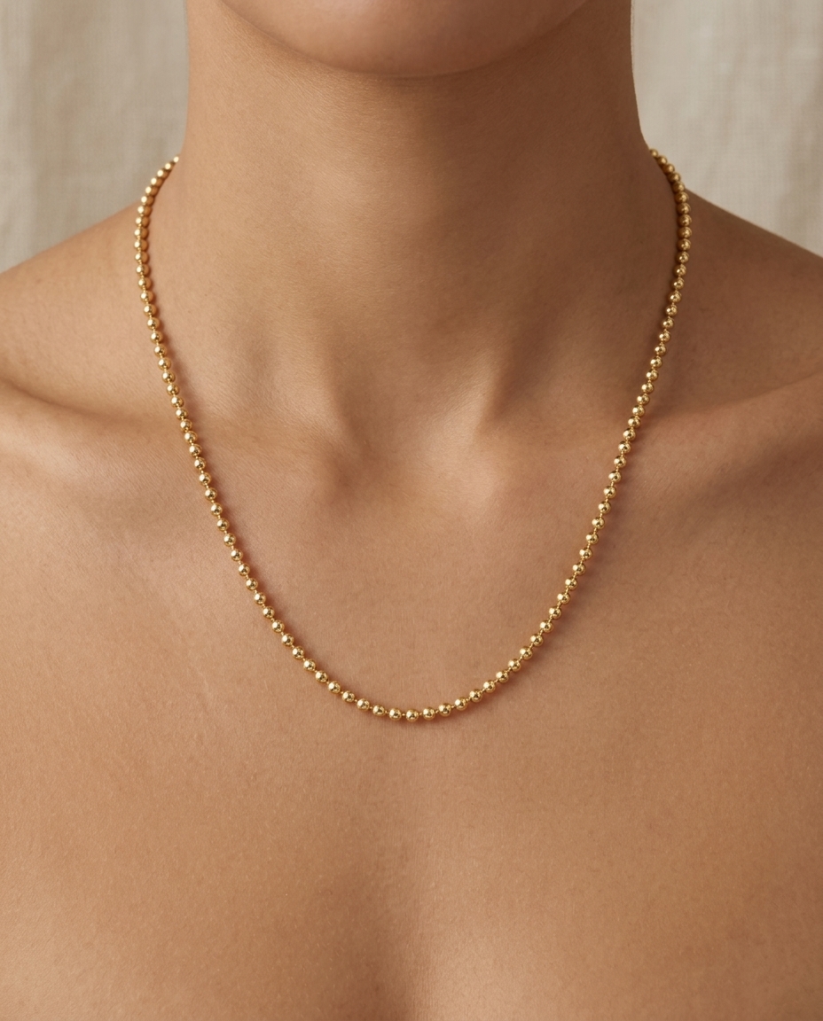 14KT Gold 1.5 MM Ball Necklace on model