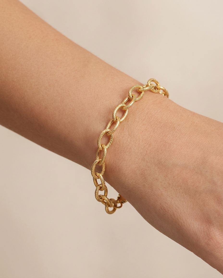 14KT Gold Oval Link Bracelet on model