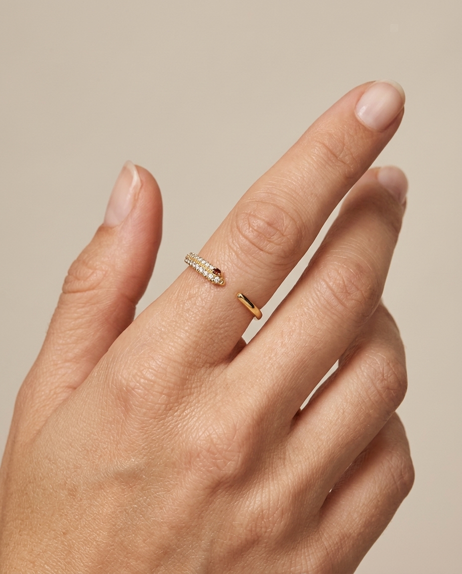 14KT Yellow Gold Diamonds Snake Ring with Red Diamond on model