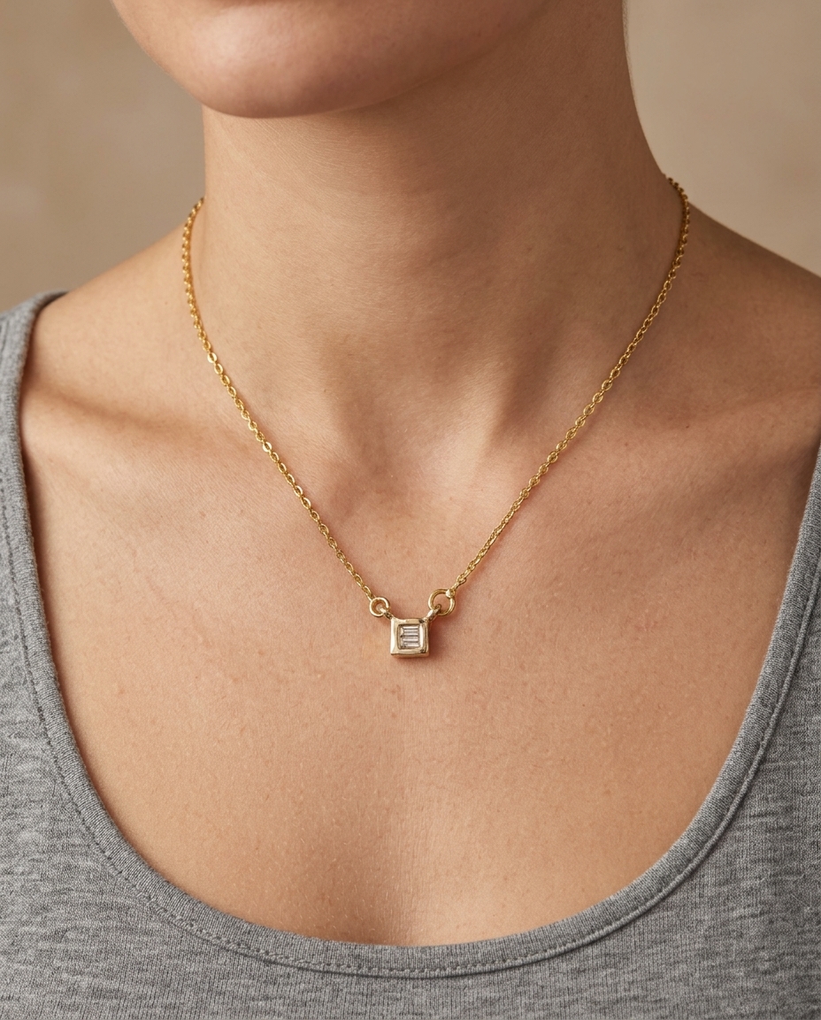 Diamond Baguette Pendent Necklace on model