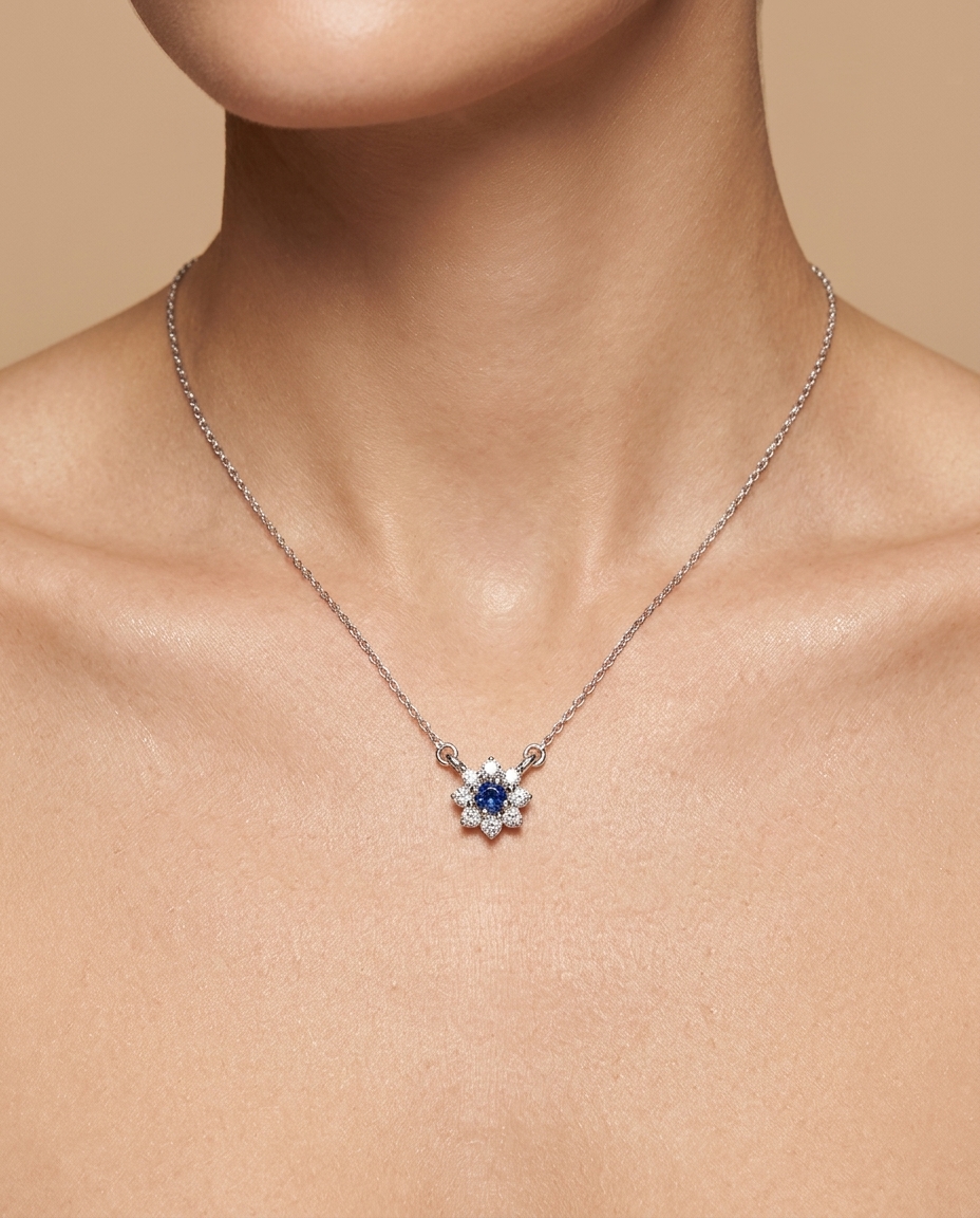 14KT White Gold Diamond and Blue Sapphire Necklace on model