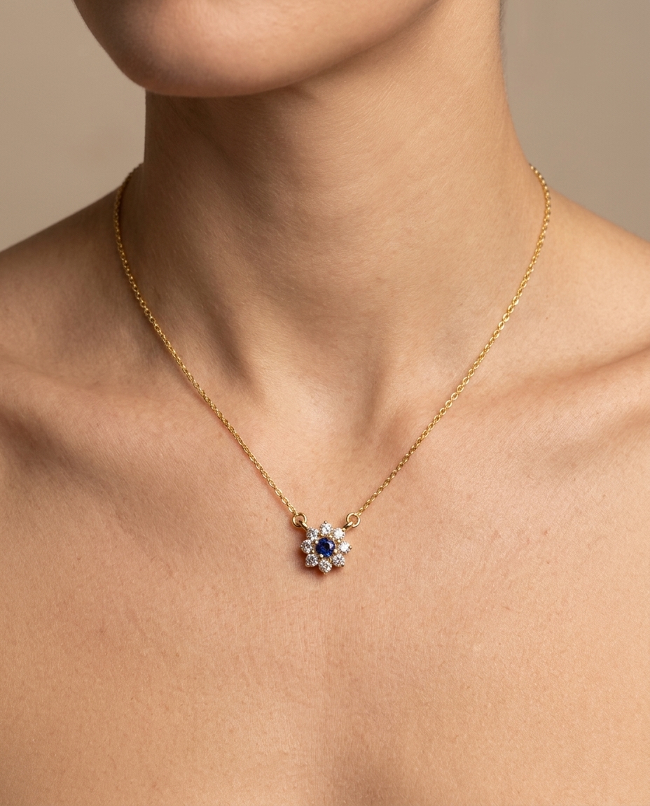 14KT Yellow Gold Diamond and Blue Sapphire Necklace on model