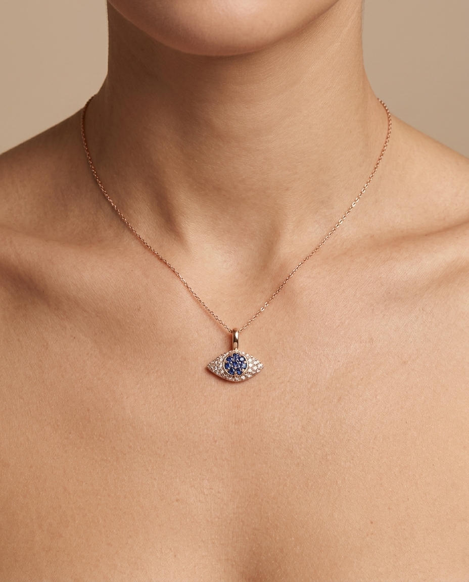 14KT Gold Evil Eye Blue Diamond Pendant with Diamonds on model