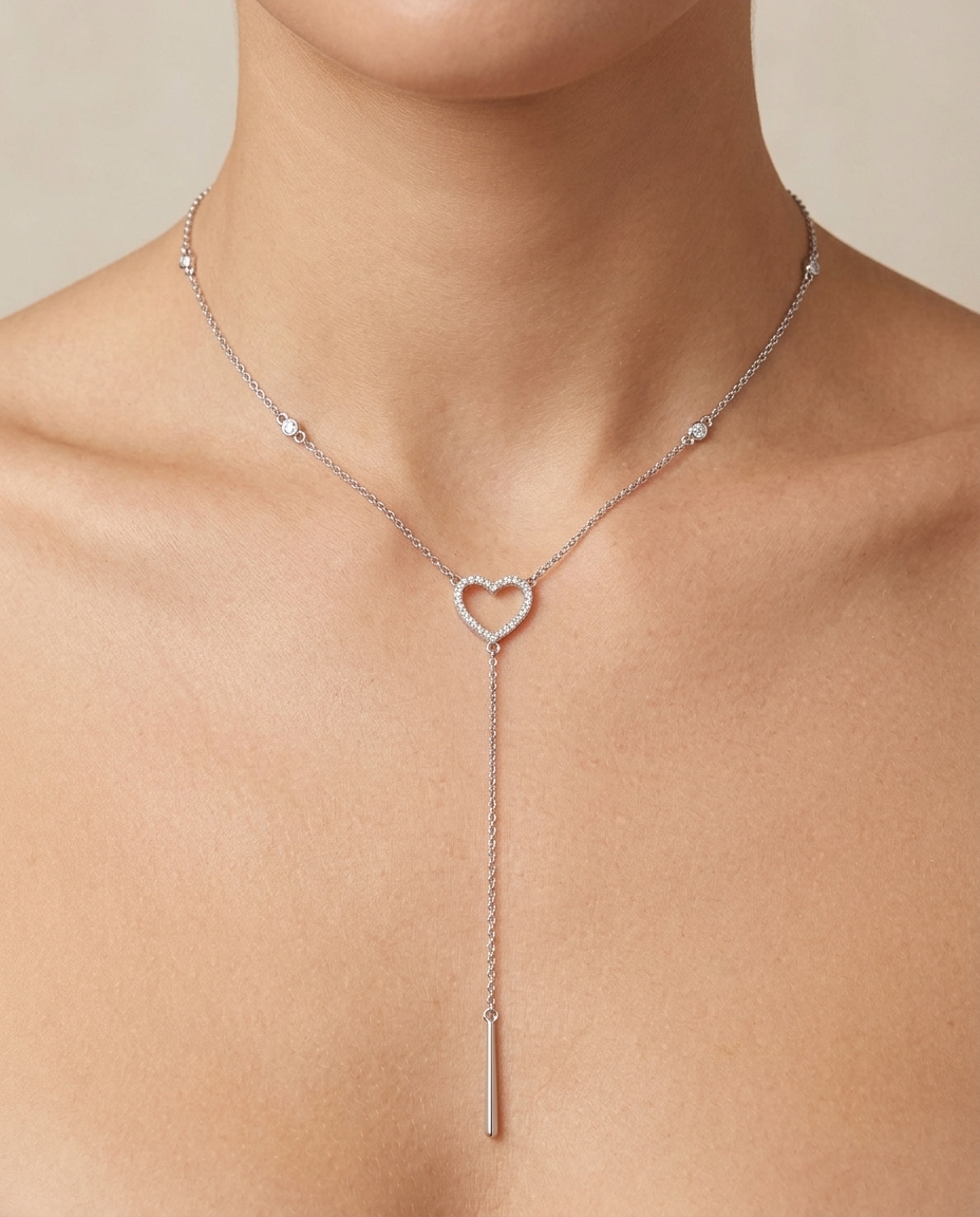 Diamond Heart Shape Lariat Necklace on model