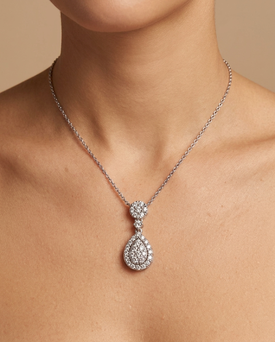 Diamond Pear Shape Pendent Necklace on model