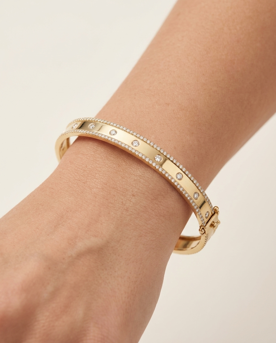 14KT Yellow Gold Diamond Bangle on model
