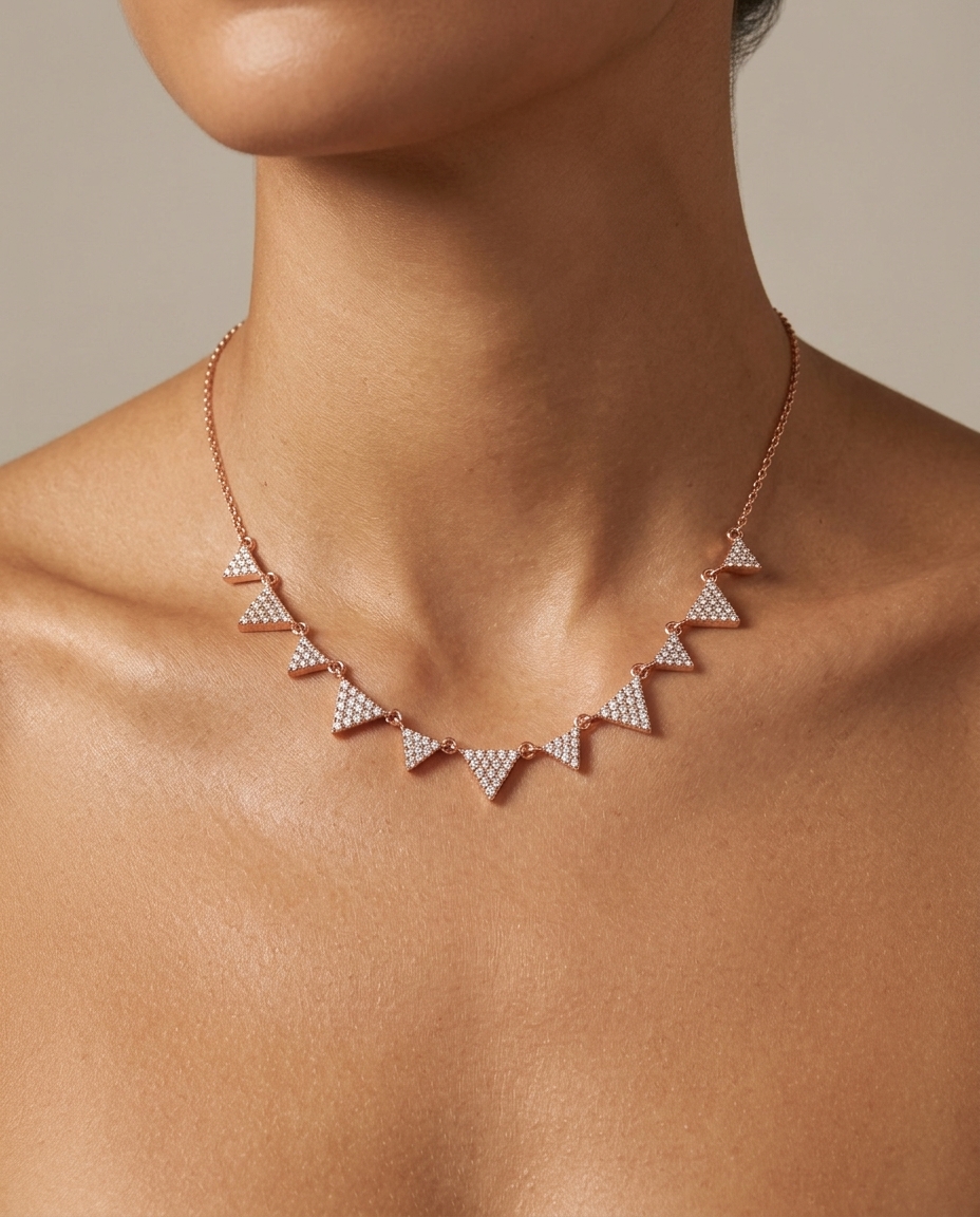 14KT Rose Gold Triangle Necklace on model