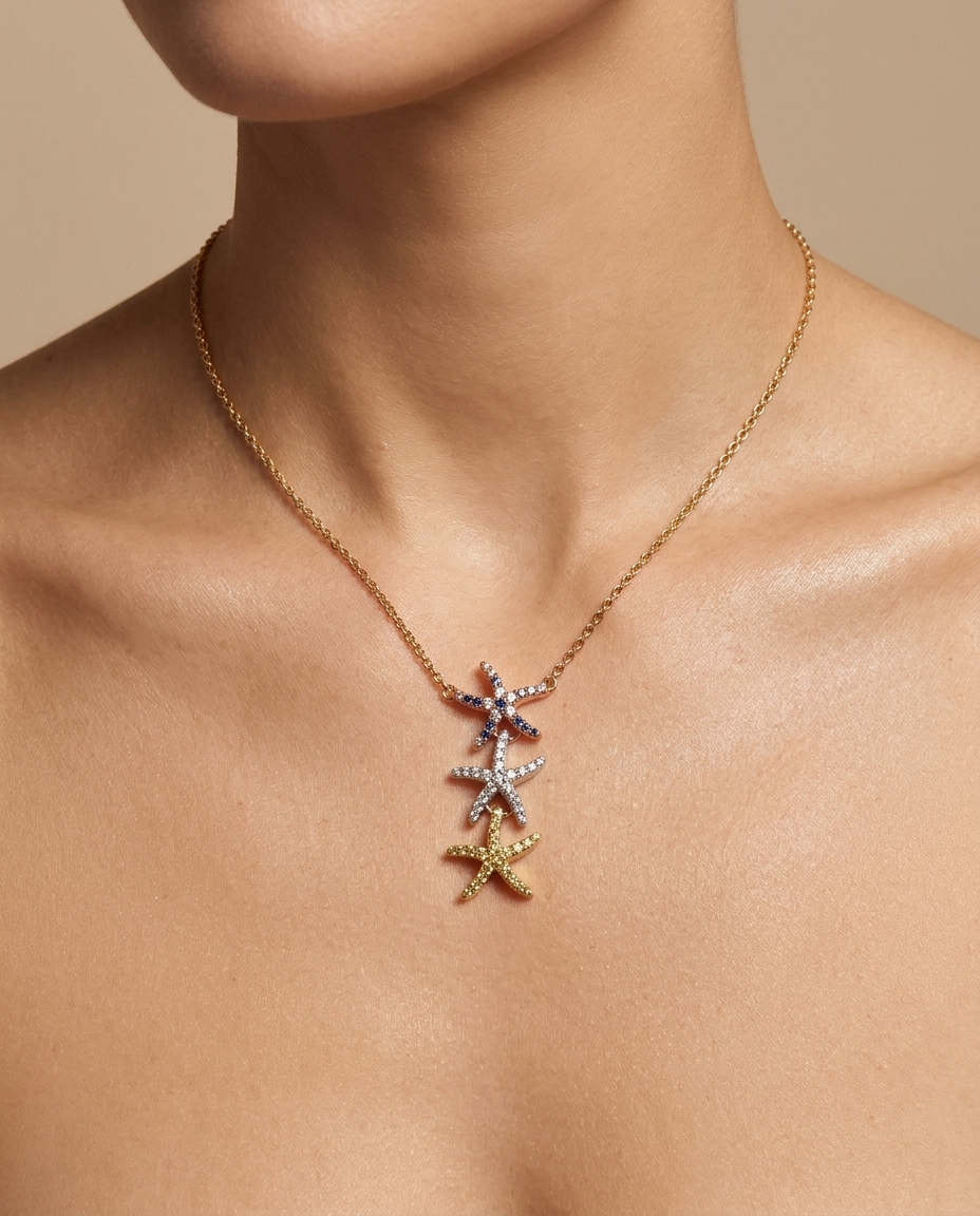 Diamond 3 Color Star Necklace on model