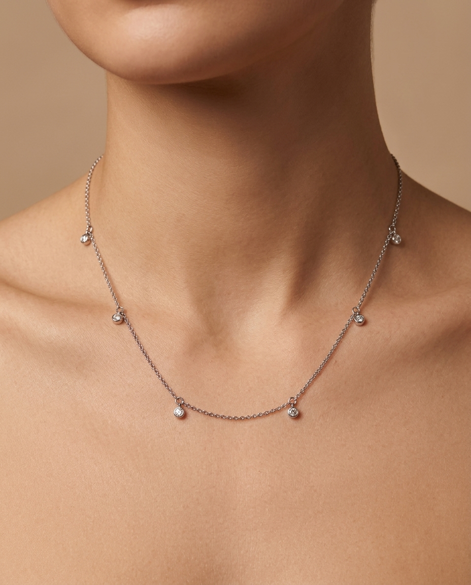 14KT Gold Diamond Dangling Necklace on model
