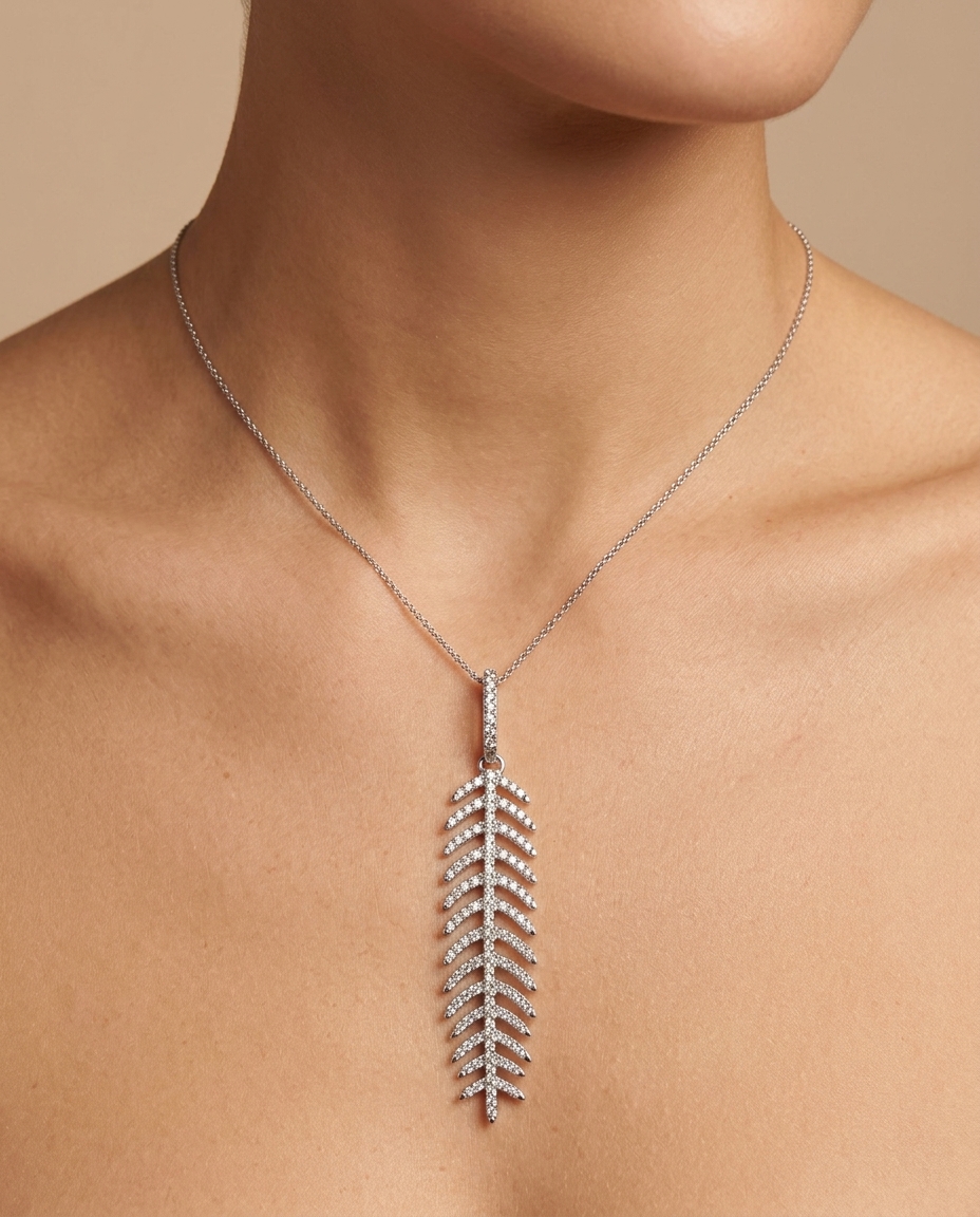 14KT Diamond Feather Necklace on model