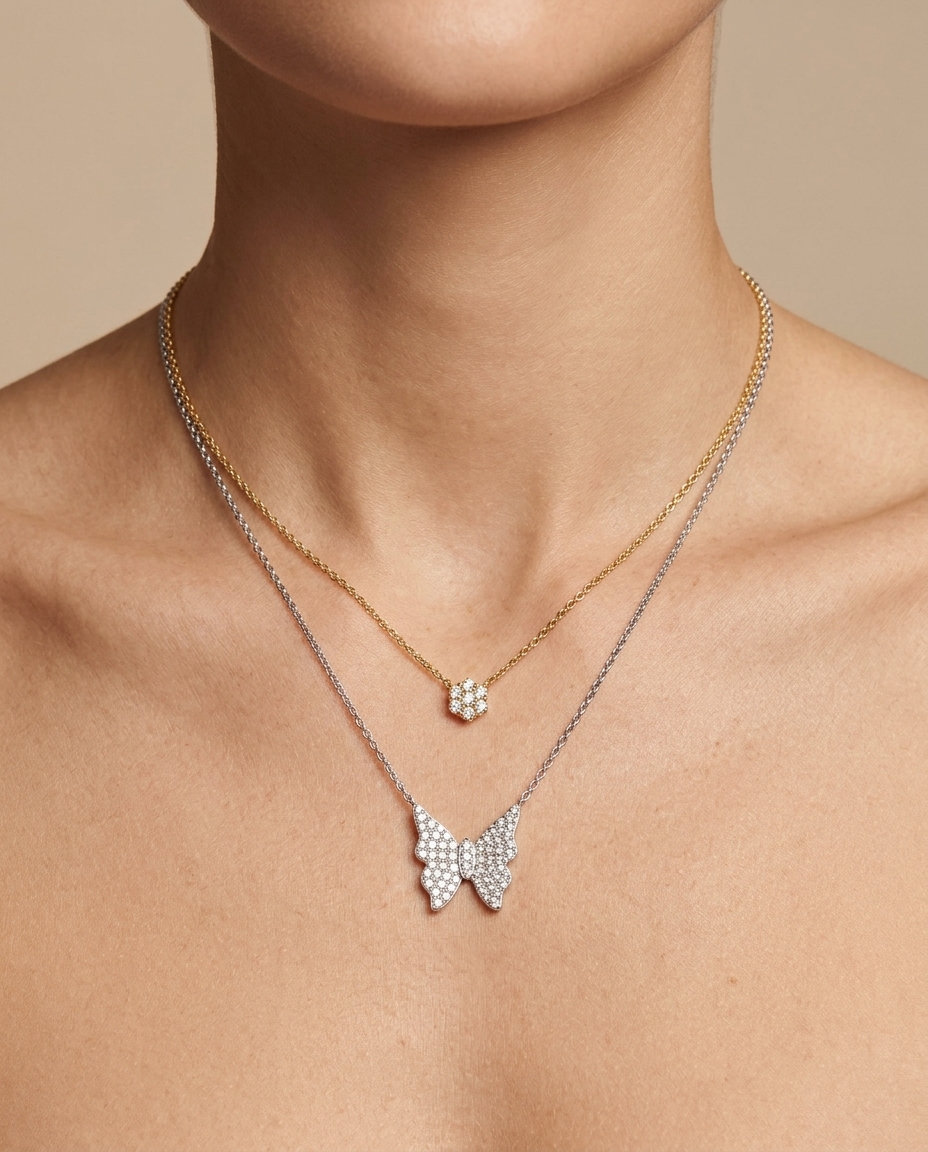 Diamond Butterfly Necklace on model