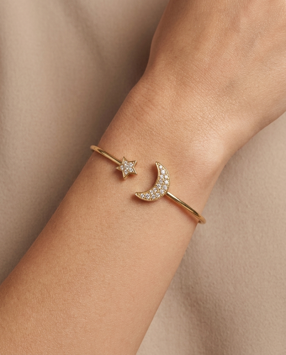 14KT Star Moon Diamond Bangle on model