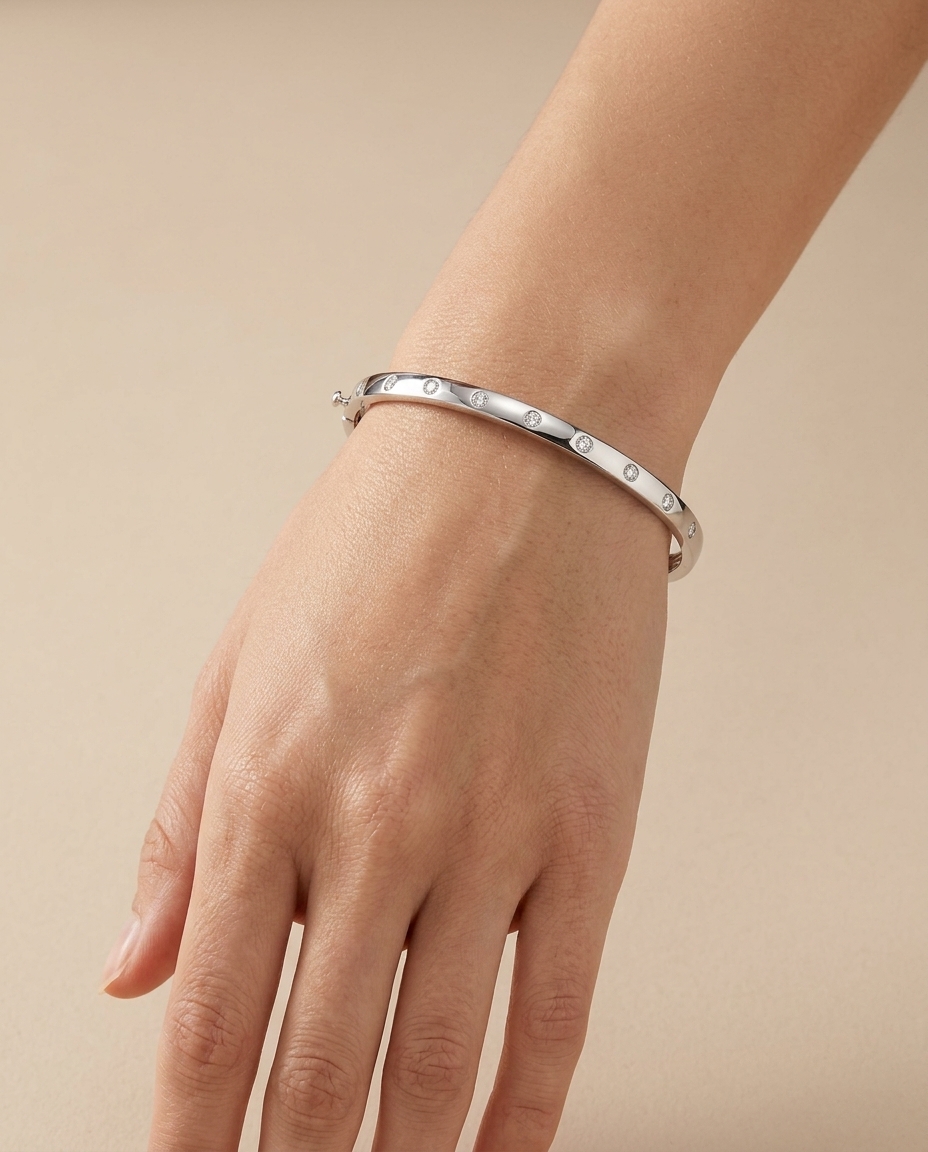 14KT White Gold Diamond Bangle on model