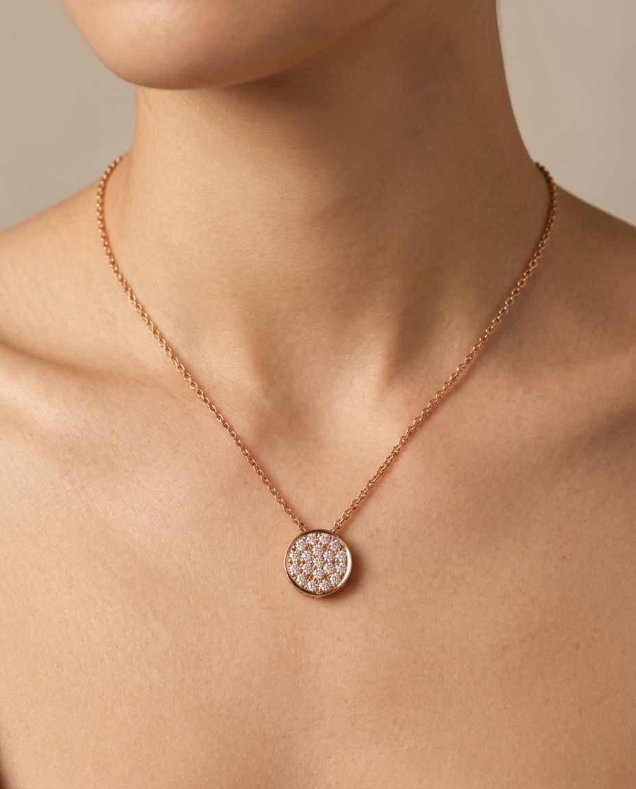 Diamond Round Disk Necklace on model
