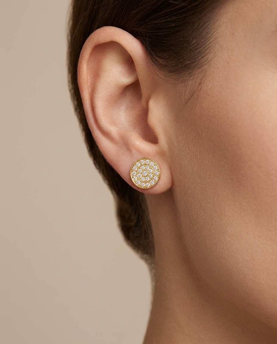 14KT Gold Diamond Round Disk 10 MM Ear Studs on model