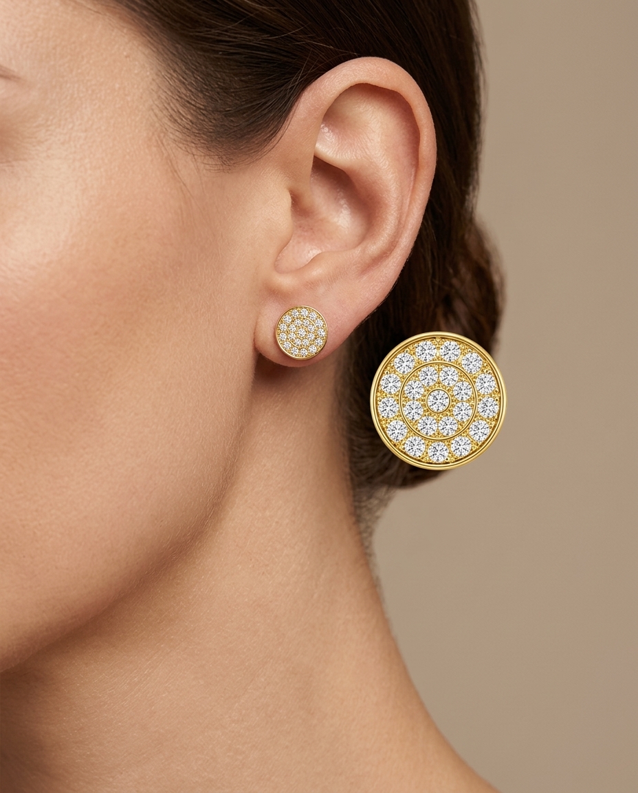 14KT Gold Diamond Round Disk 10 MM Ear Studs on model