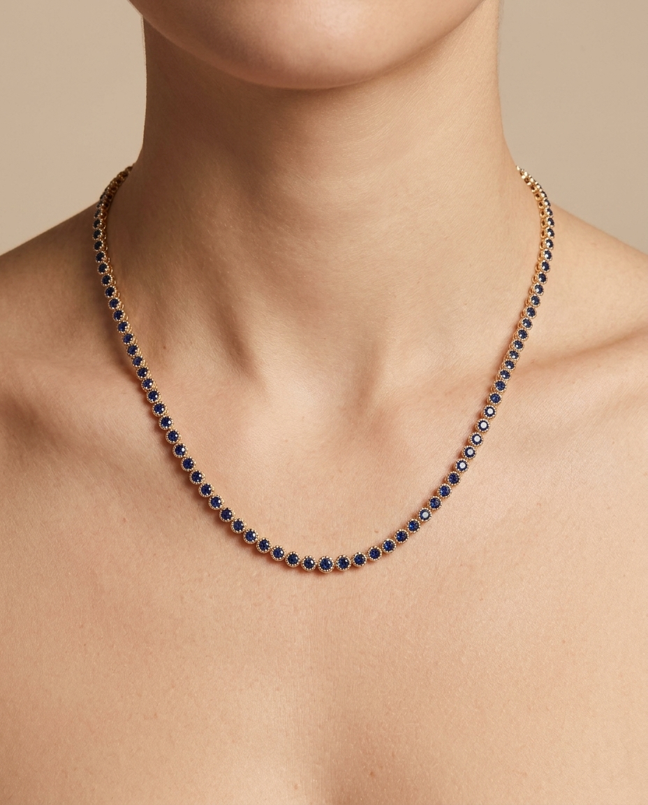 14KT Gold Blue Sapphire Tennis Necklace (3.50 CTS) on model