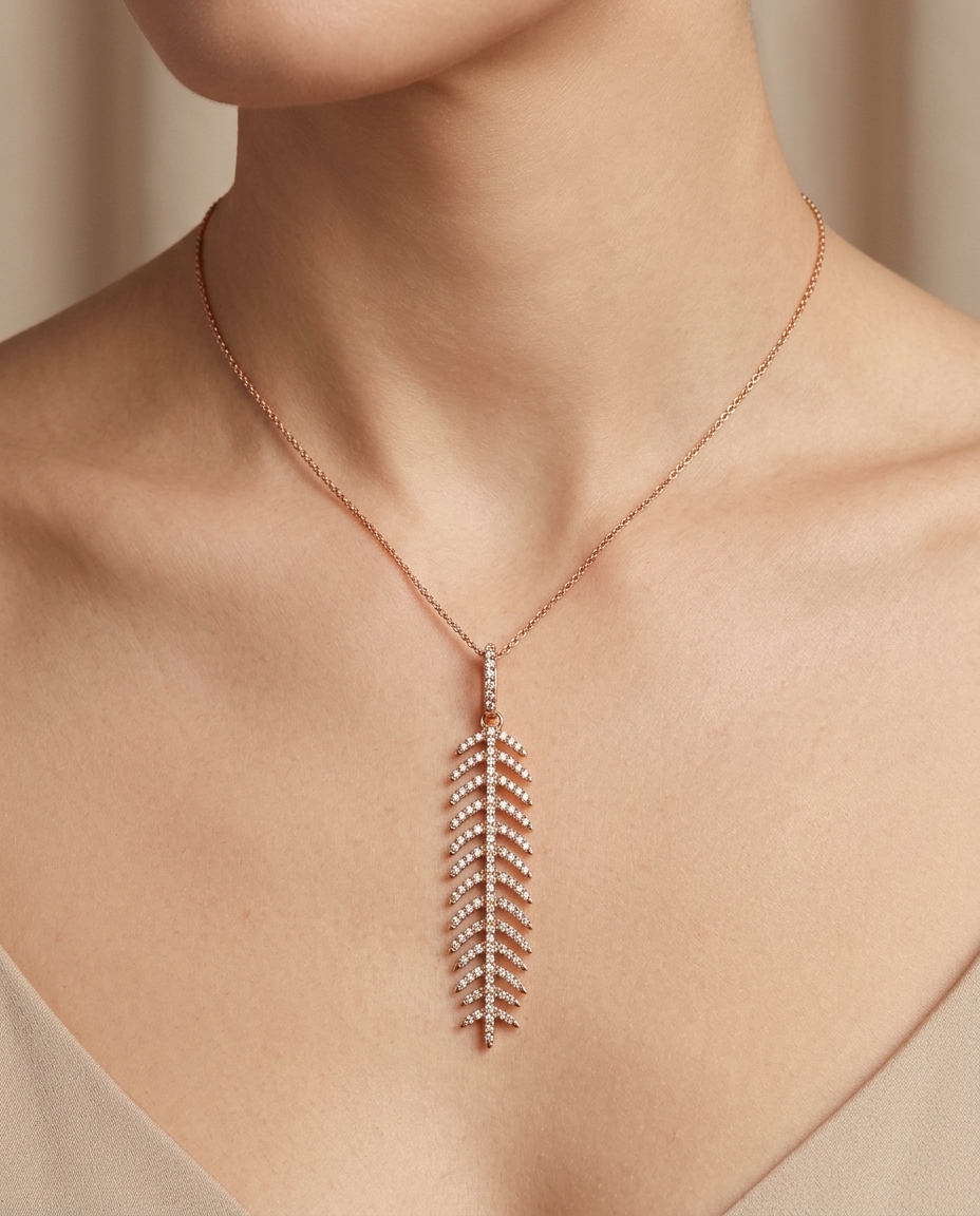 14KT Diamond Feather Necklace on model