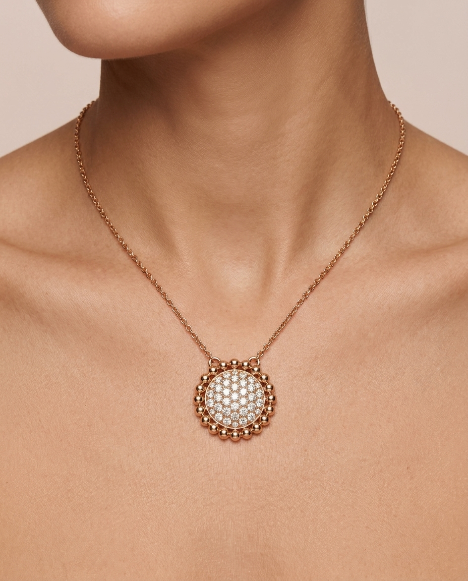 14K Rose Gold Diamond Round Disk Necklace on model