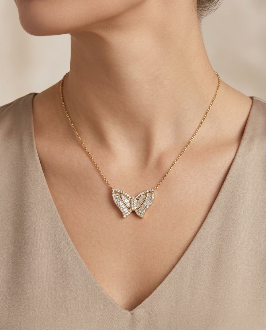 14KT Diamond Butterfly Necklace on model