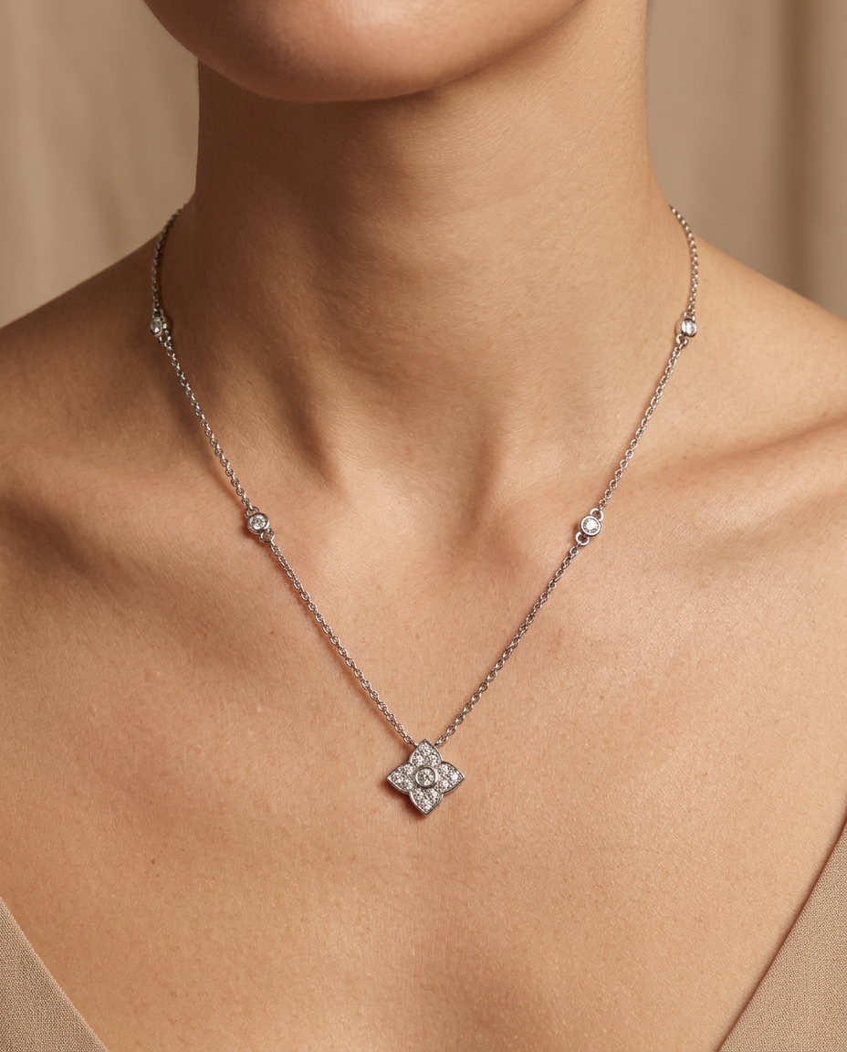 14KT White Gold Diamond Necklace on model
