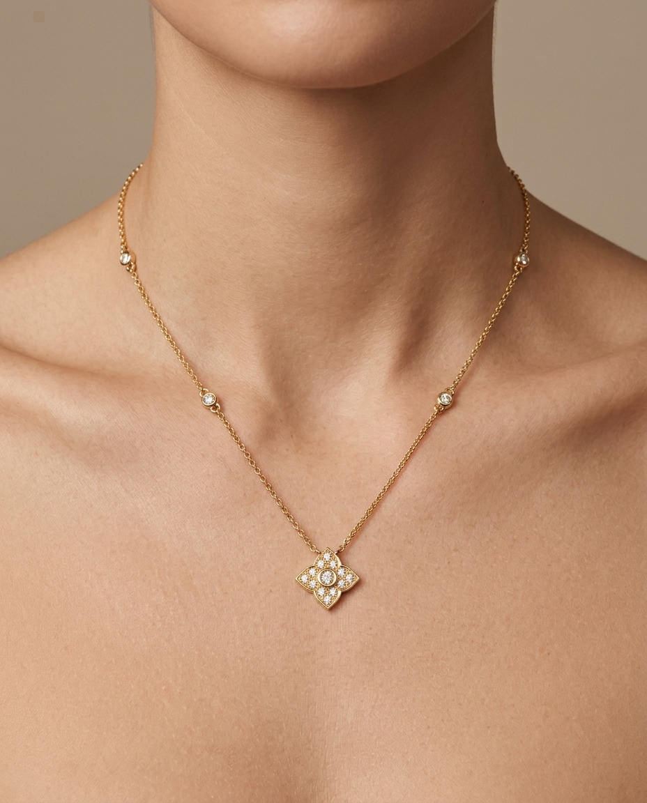 14KT Yellow Gold Diamond Necklace on model