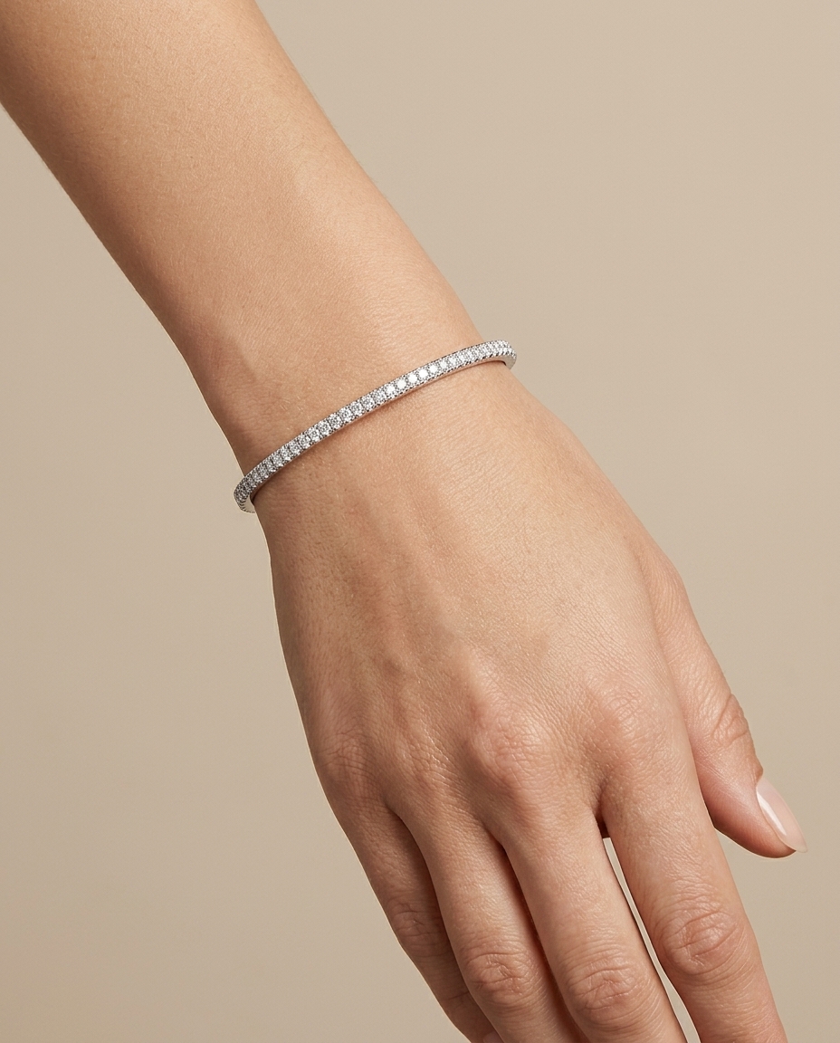 14KT Italian White Gold Diamond Flexible Bangle on model