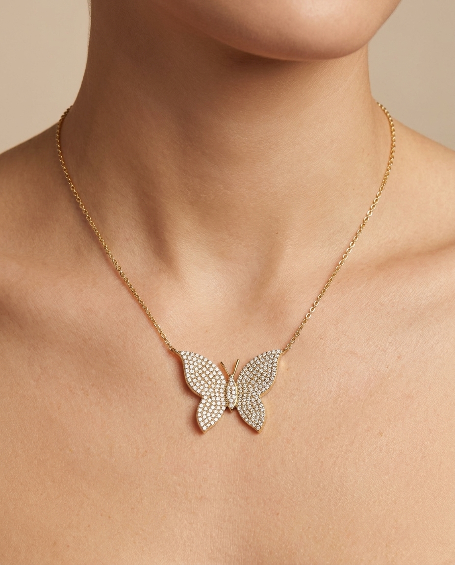 14KT Diamond Butterfly Necklace on model