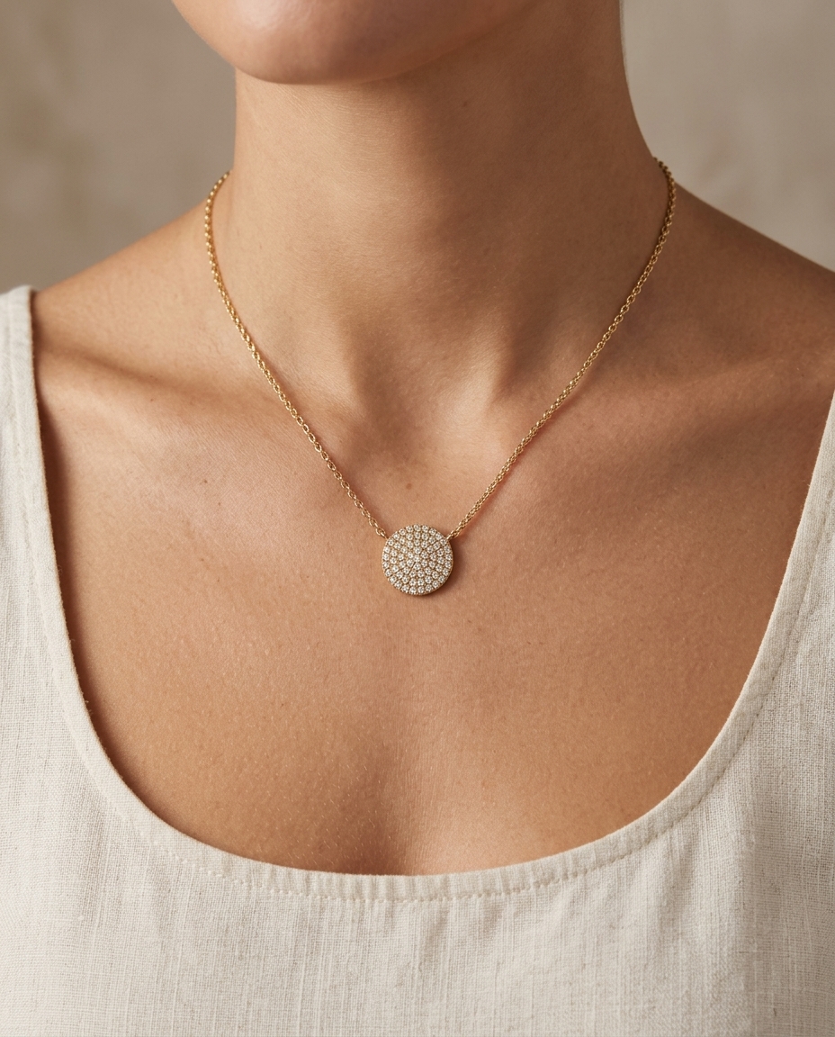 Diamond Round Disk Necklace on model