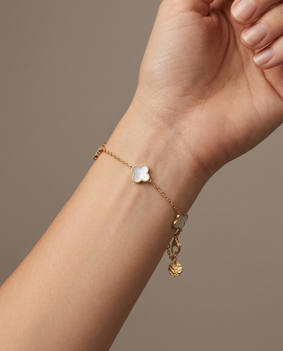 14KT Yellow Gold Mother of Pearl Clover Bracelet 7" on model