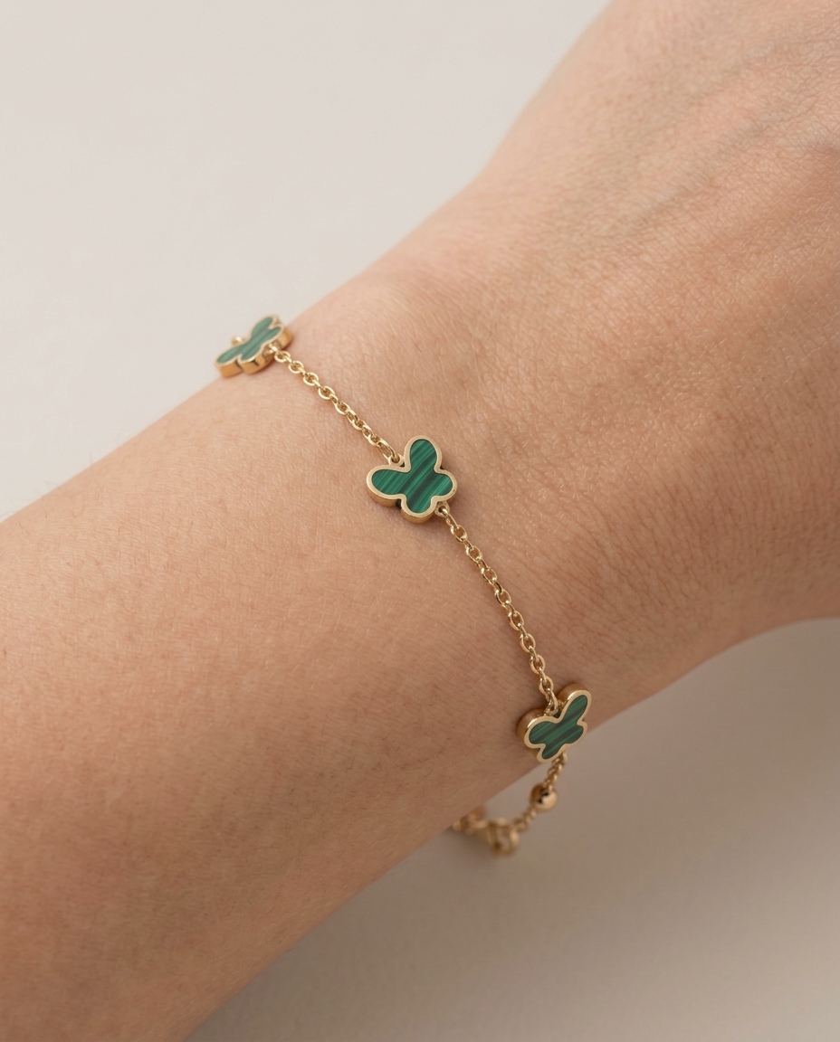 14KT Gold Malachite Butterfly and Ball Bracelet on model