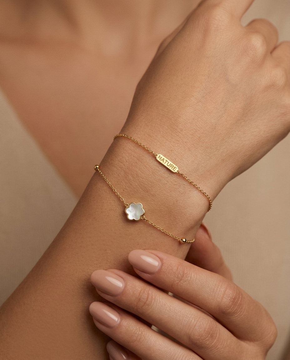 14KT Gold Mother of Pearl Flower and Ball Bracelet on model