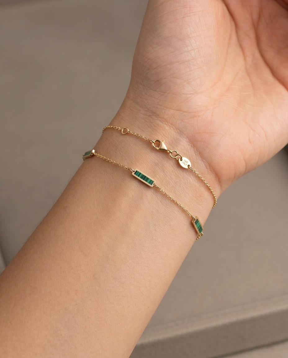 14KT Gold Malachite Bar Braclet on model