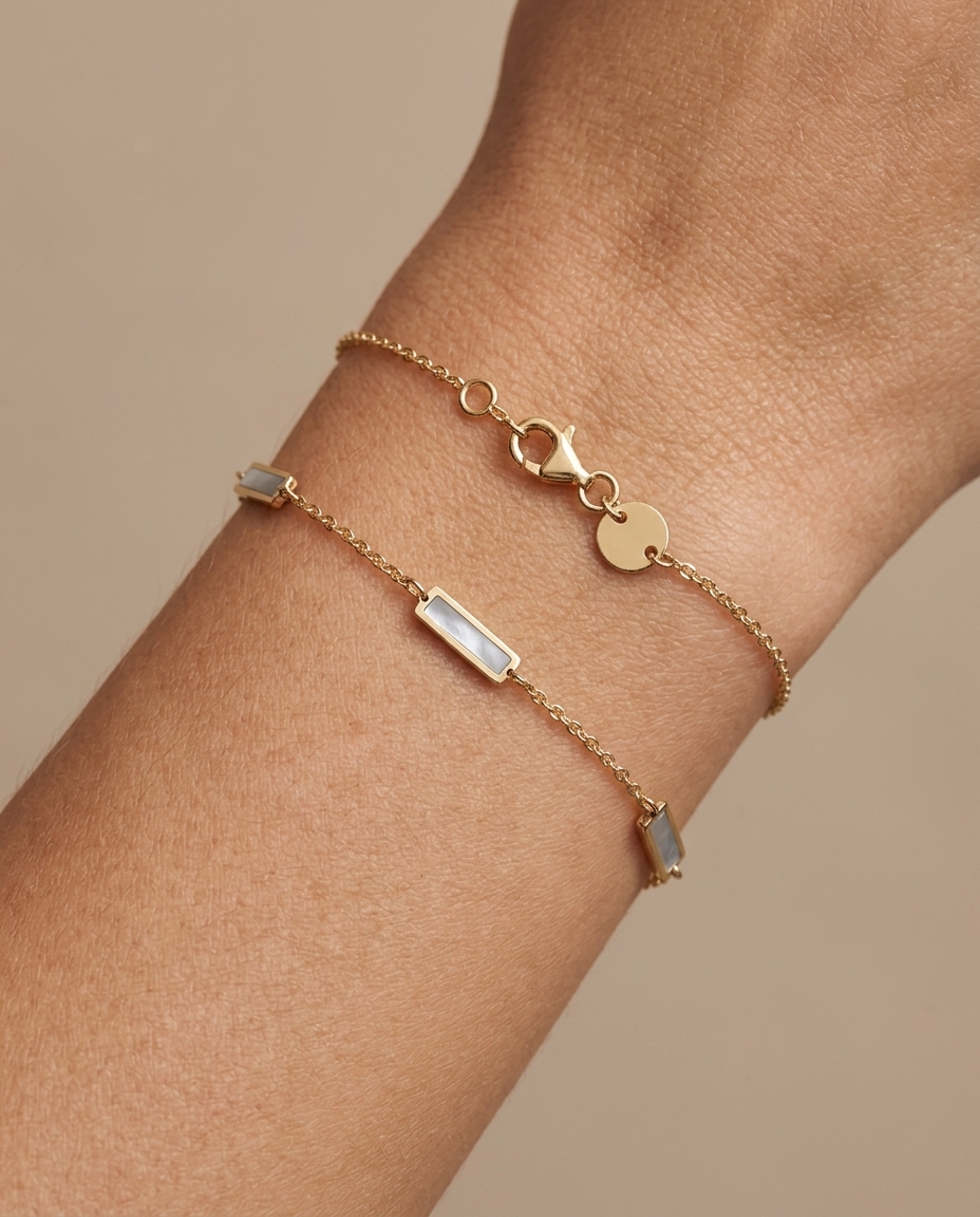 14KT Gold Mother of Pearl Bar Braclet on model