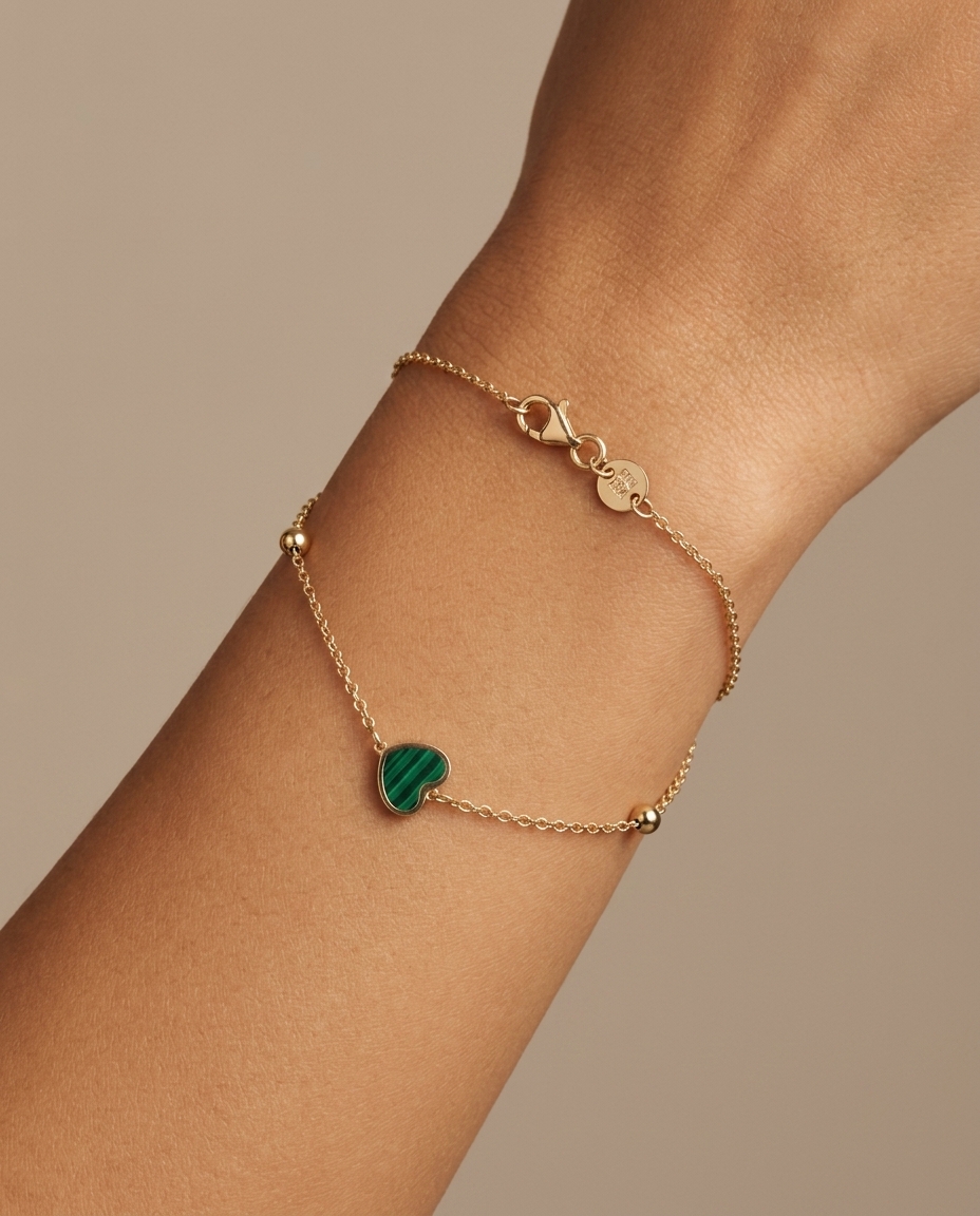 14KT Gold Malachite Heart and Ball Bracelet on model