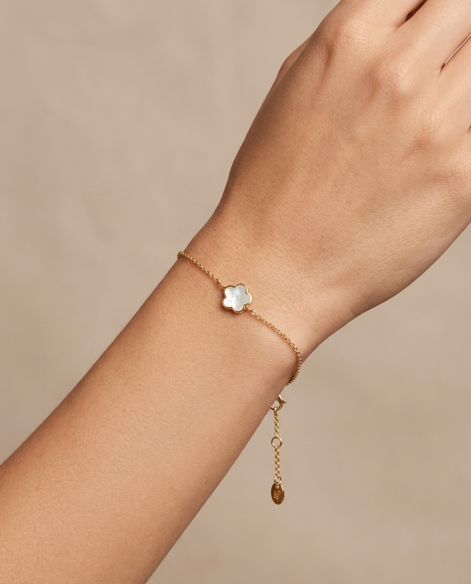 14KT Gold Mother of Pearl Flower Bracelet on model