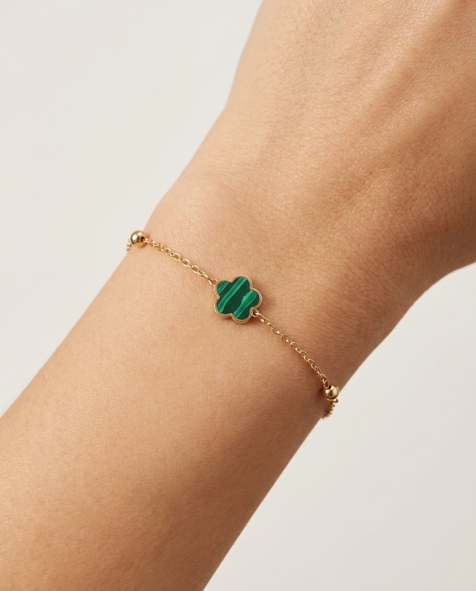 14KT Gold Malachite Flower and Ball Bracelet on model
