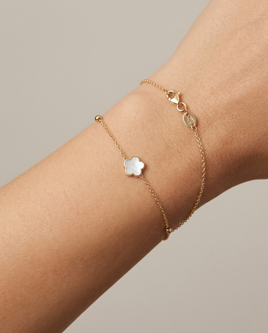14KT Yellow Gold Mother of Pearl Clover Ball Bracelet 7" on model