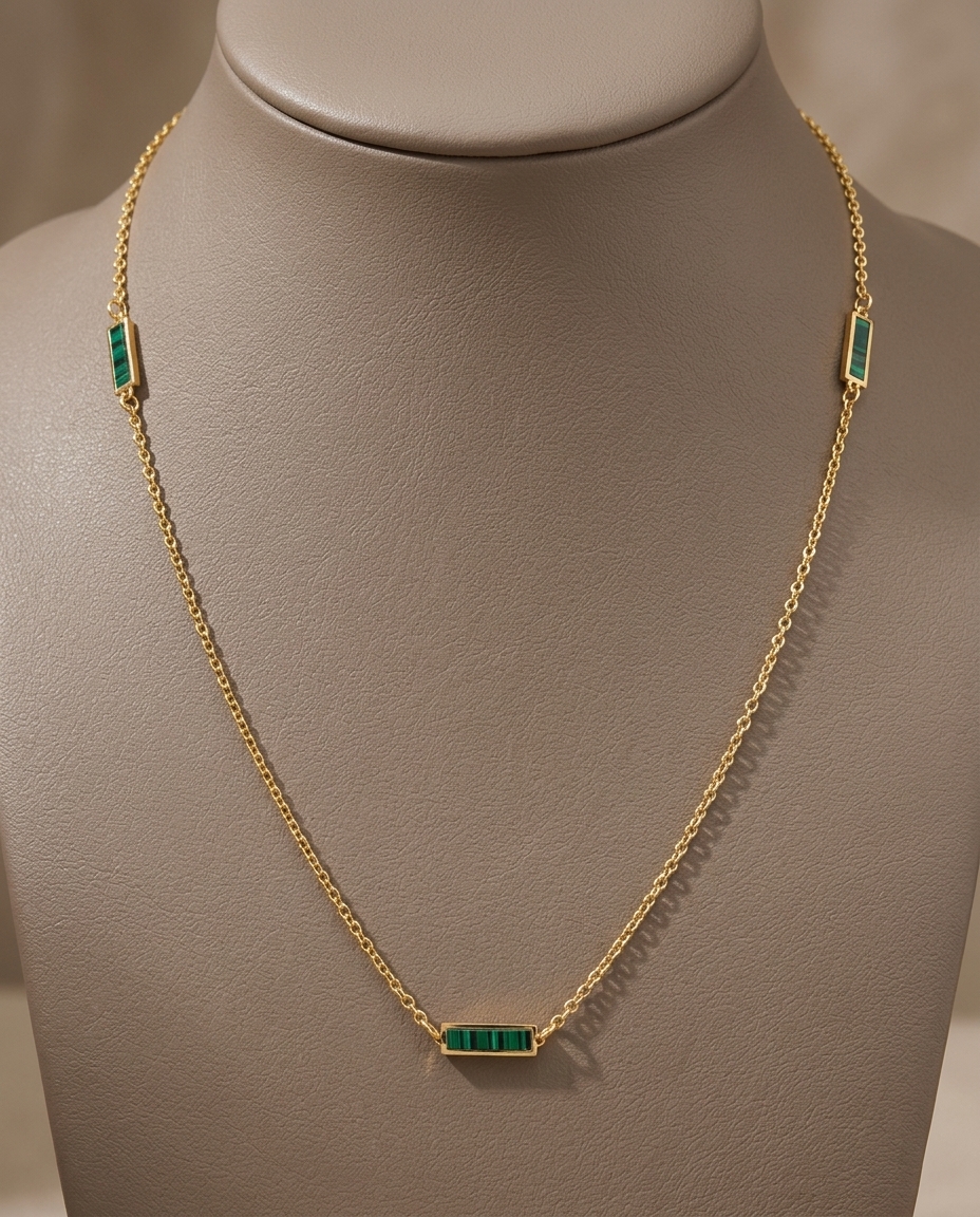 14KT Yellow Gold Malachite Bar Necklace on model