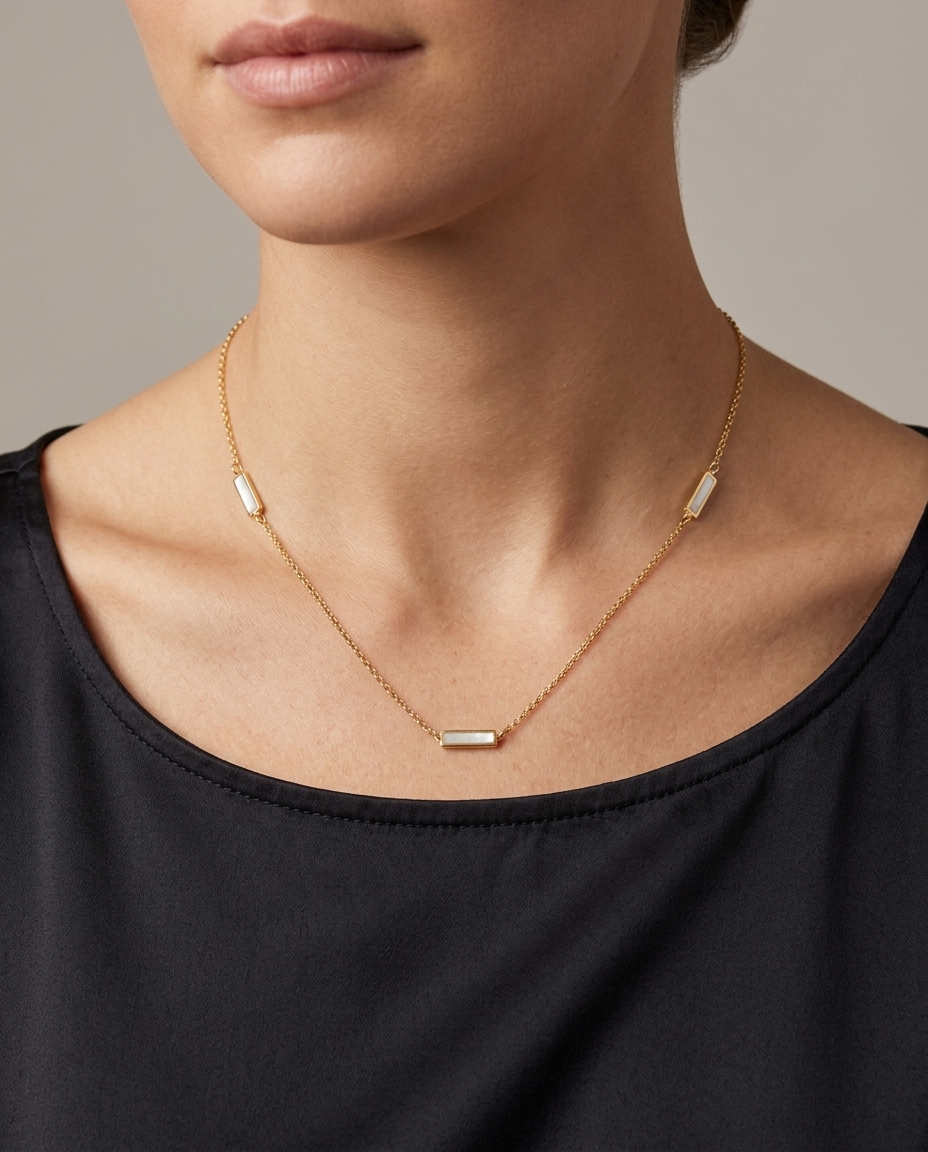 14KT Gold Mother of Pearl Bar Necklace on model