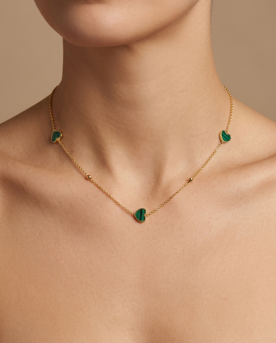 14KT Gold Malachite Heart and Ball Necklace on model