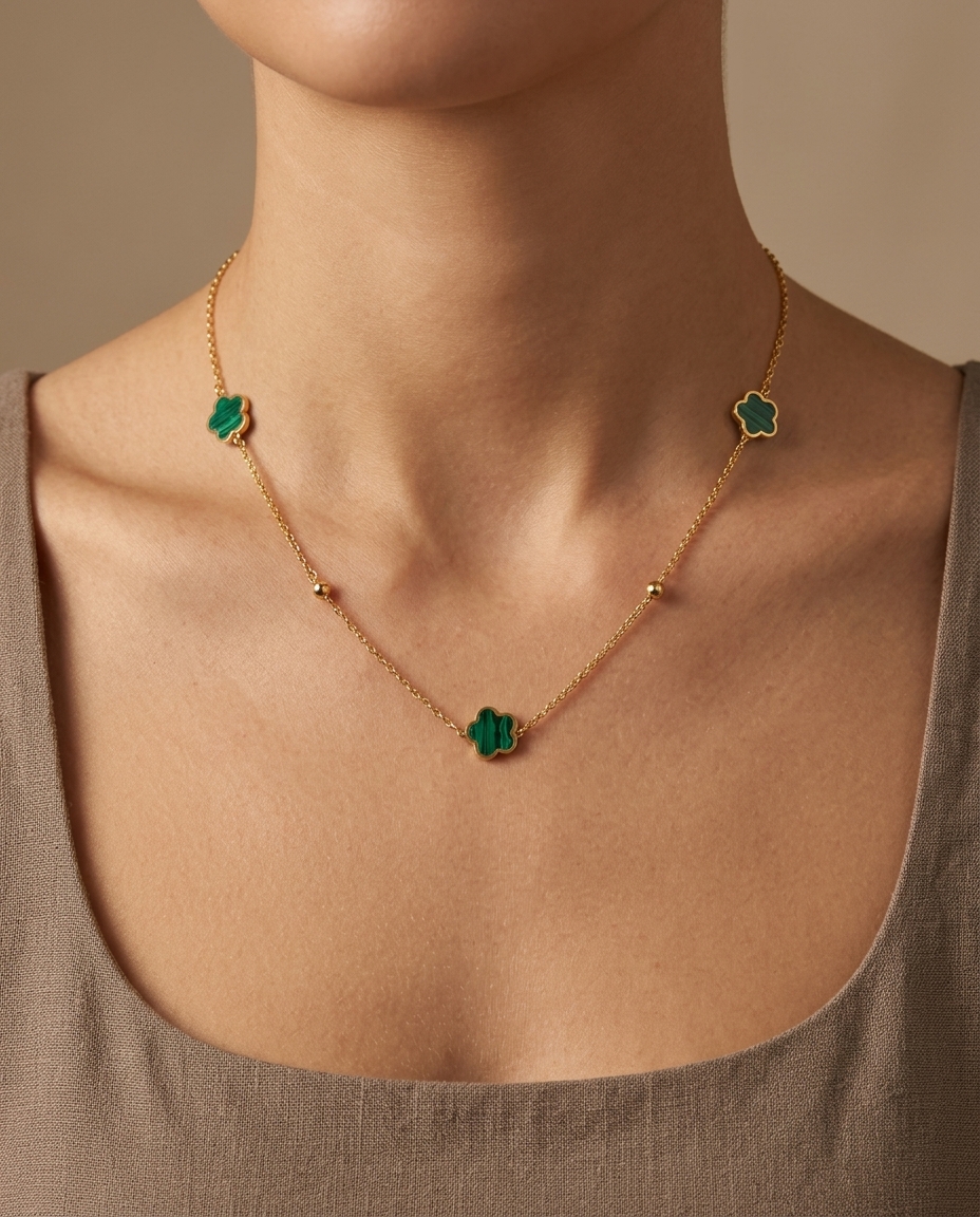 14KT Gold Malachite Flower and Ball Necklace on model